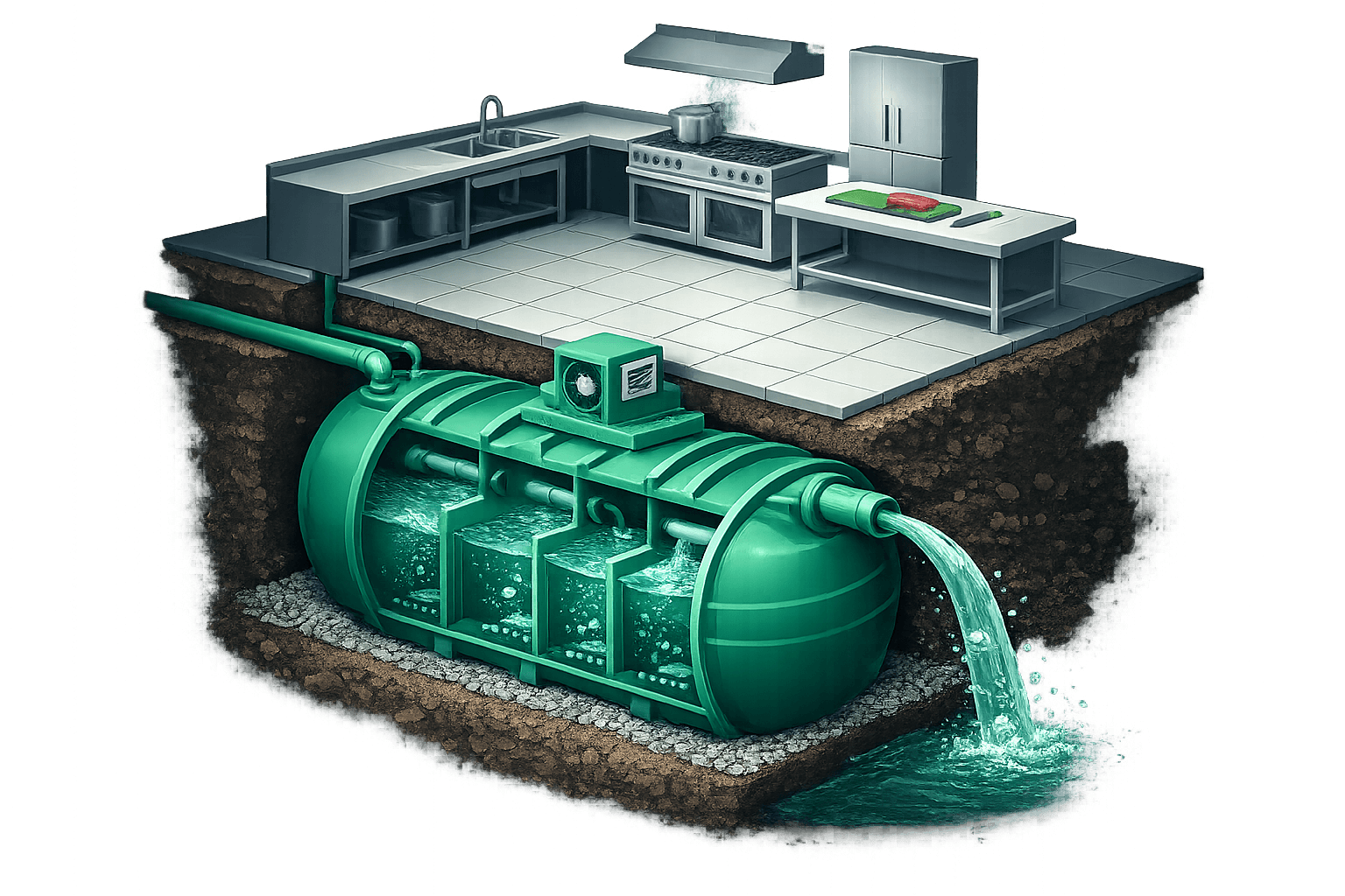 Ilustrasi sistem IPAL dapur komersial — tangki pengolahan air limbah di bawah dapur